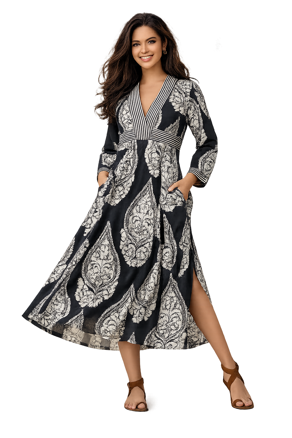 Black & White Damask Medallion Print Long-Sleeve Boho Maxi Dress – Wholesale Resort Prepack (6 Pcs)