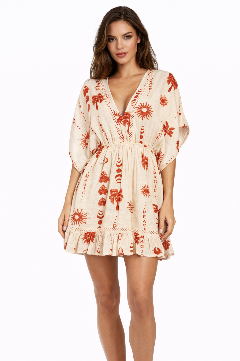 Wholesale Terracotta Folk-Print Kimono-Sleeve Mini Resort Dress