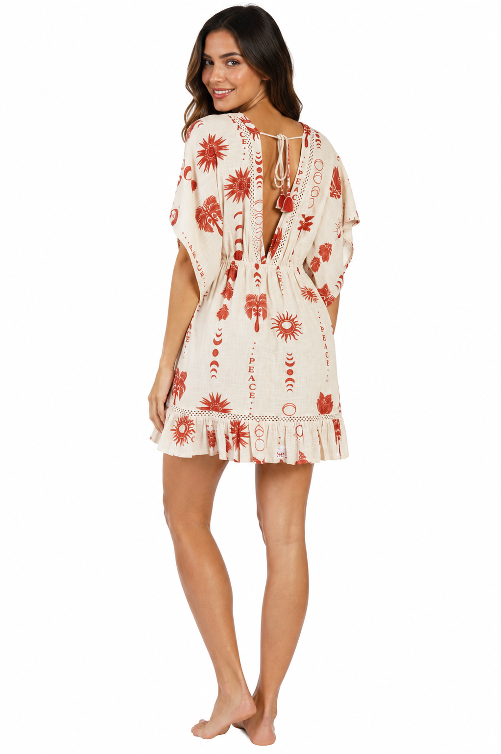 Wholesale Terracotta Folk-Print Kimono-Sleeve Mini Resort Dress