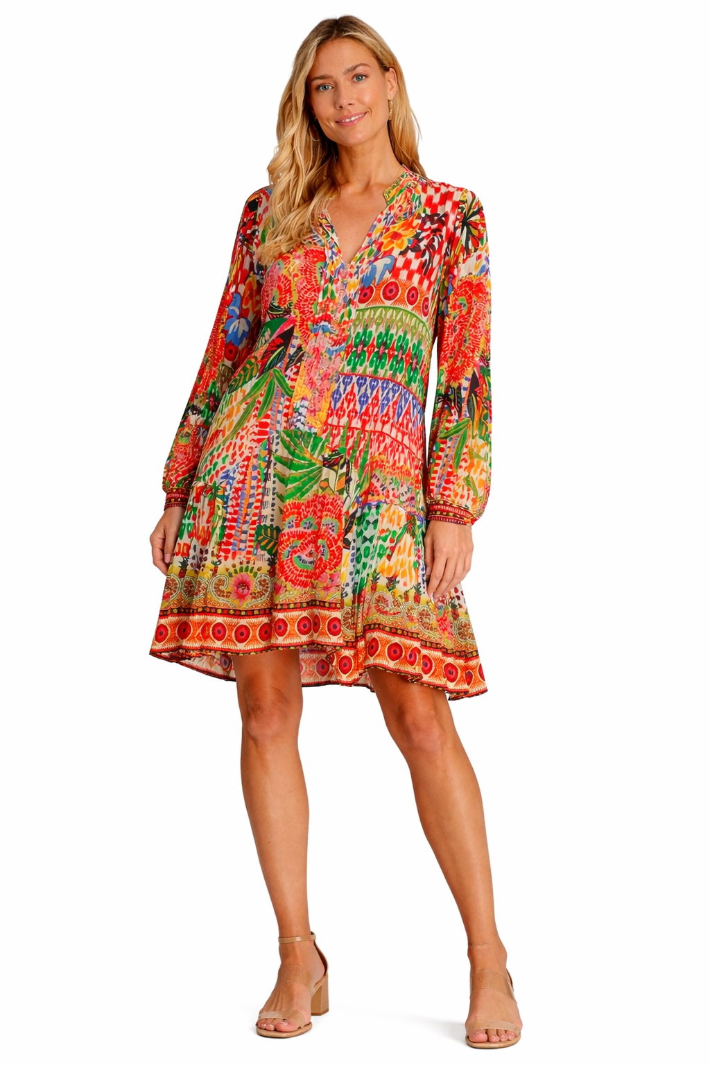 Wholesale Red Boho Print Long Sleeve Mini Dress for Resort Boutiques
