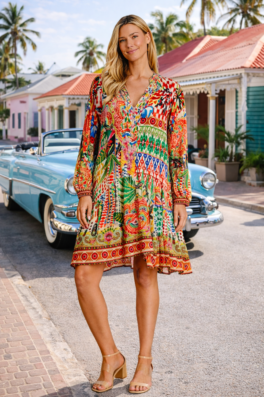 Wholesale Red Boho Print Long Sleeve Mini Dress for Resort Boutiques