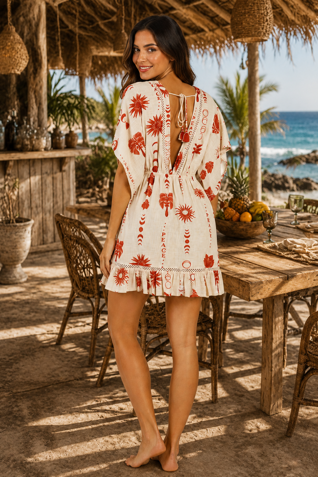 Wholesale Terracotta Folk-Print Kimono-Sleeve Mini Resort Dress